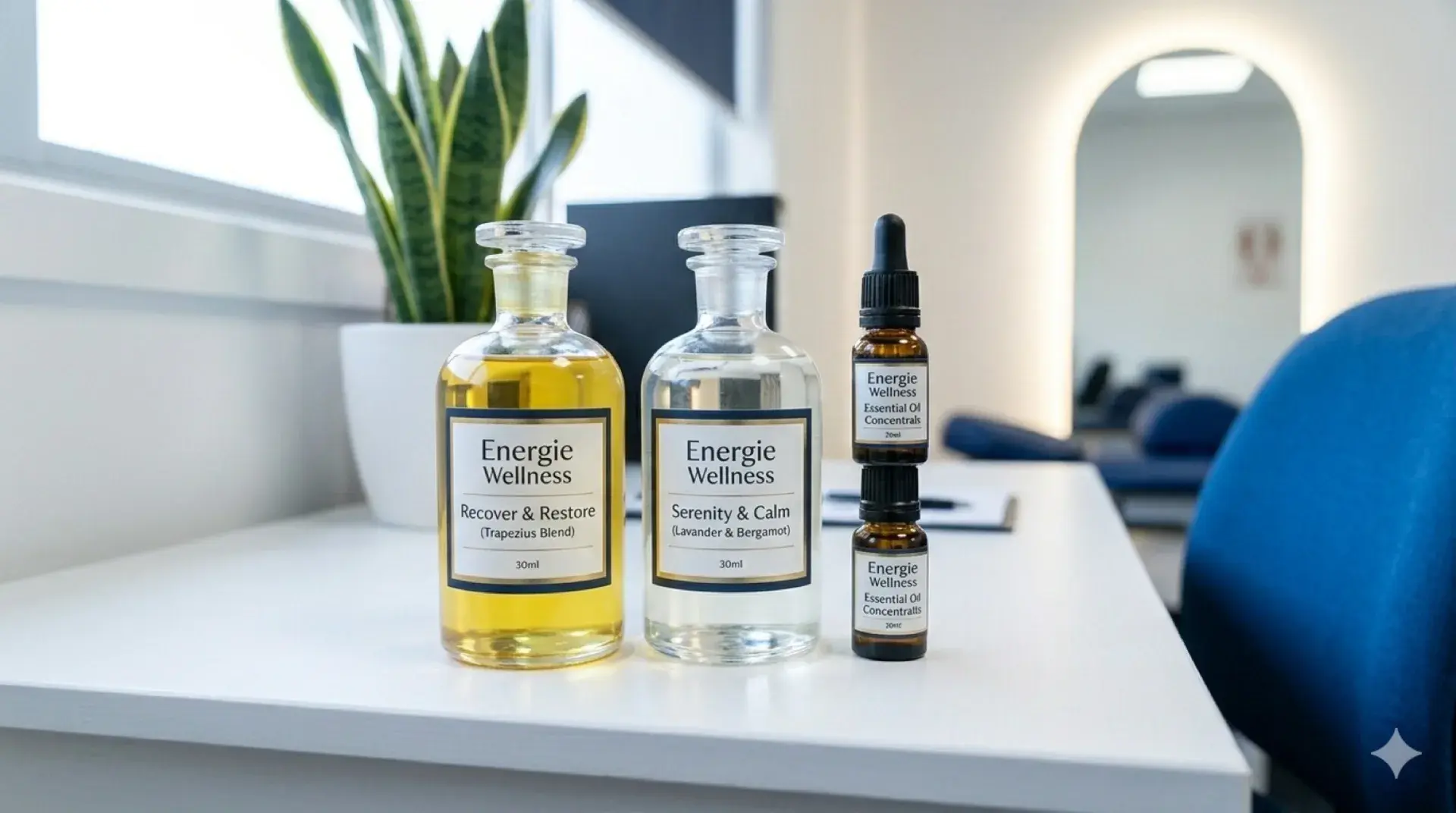 Energie Wellness branded massage oils - Recover & Restore and Serenity & Calm blends