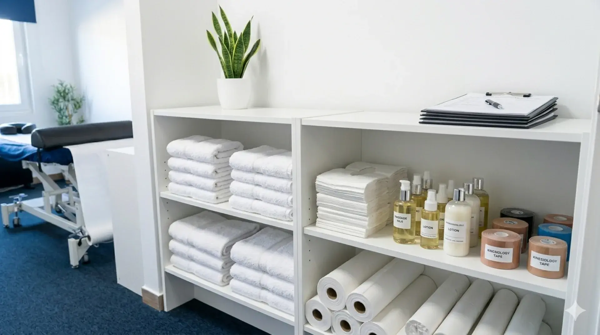 Organised therapy supplies, towels, and massage products at Archway Wellness Centre