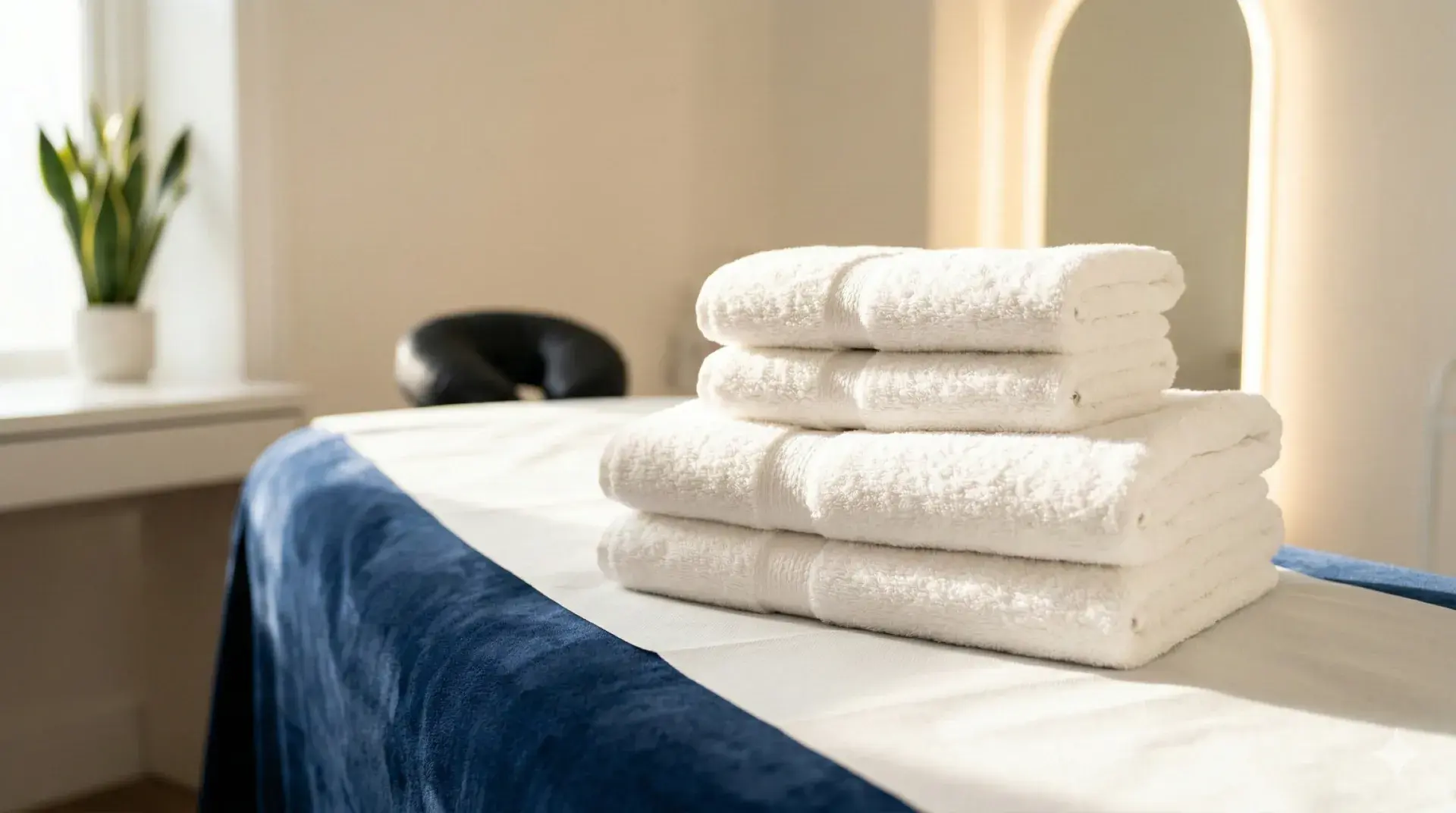 Fresh folded towels on treatment bed with soft lighting at Archway Wellness Centre