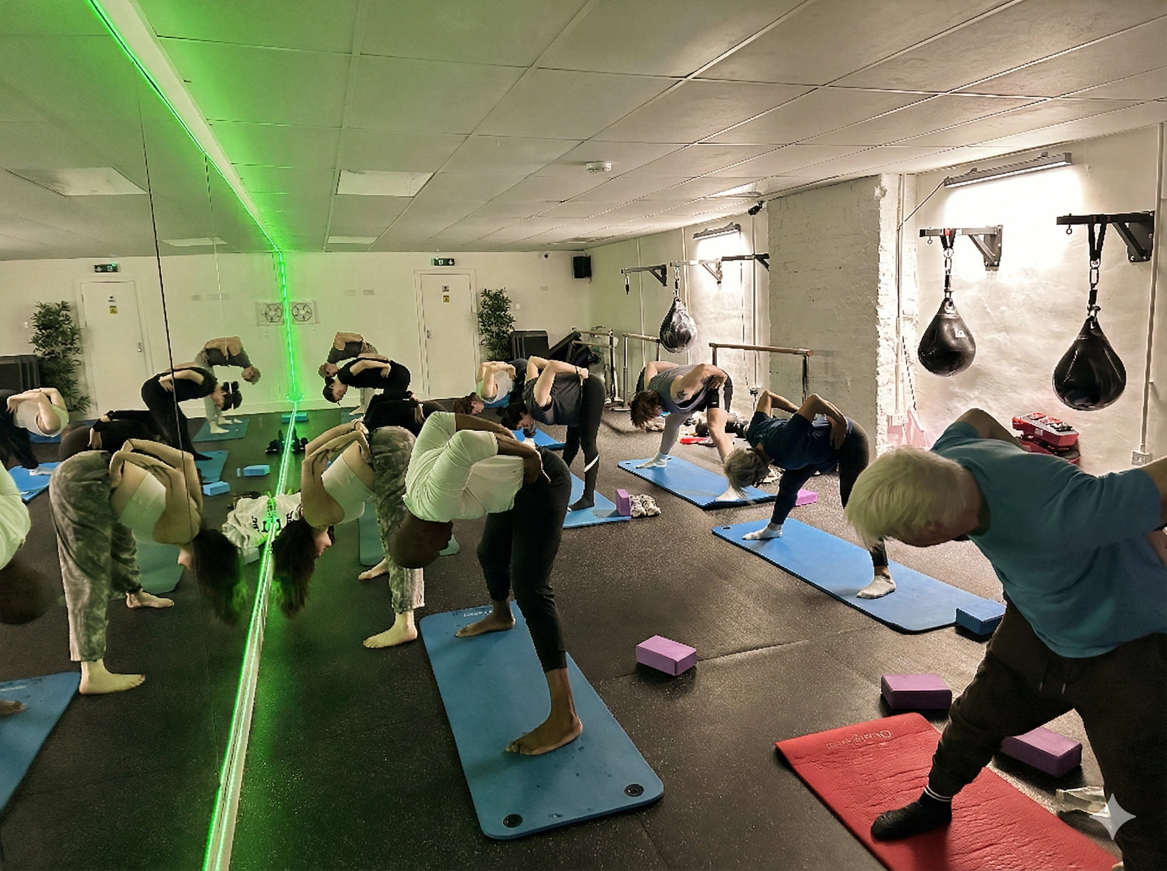 Group yoga class doing forward fold