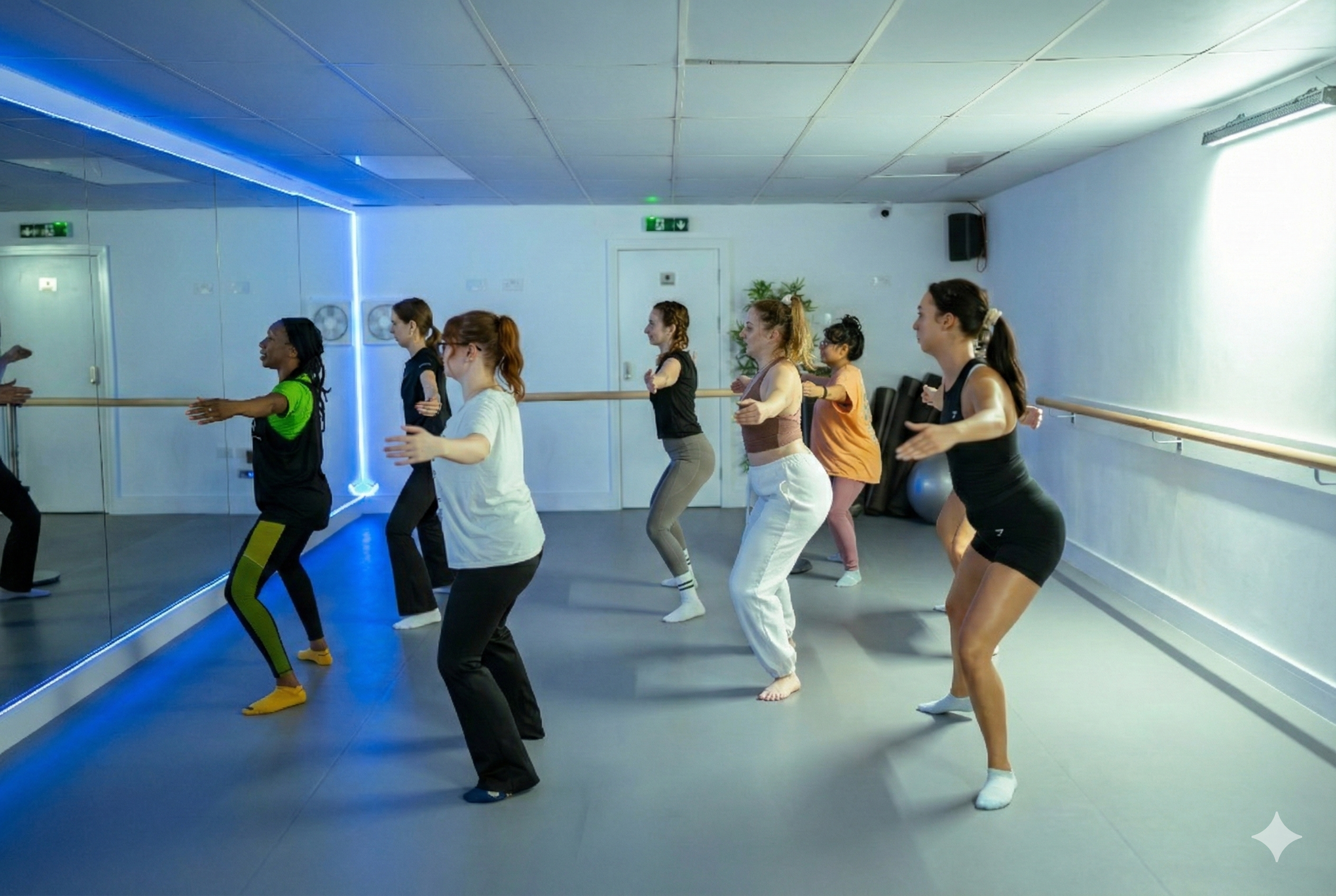 Barre fitness class at Archway Wellness Centre with stylish blue LED lighting and modern equipment